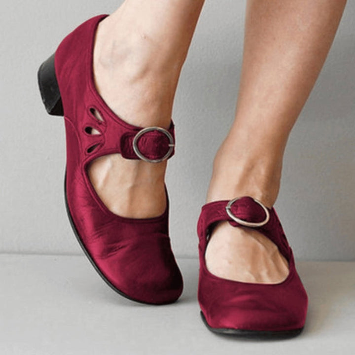 Women's Block-Heel Leather Mary Jane Buckle-Strap Heeled Shoes