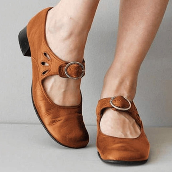 Women's Block-Heel Leather Mary Jane Buckle-Strap Heeled Shoes