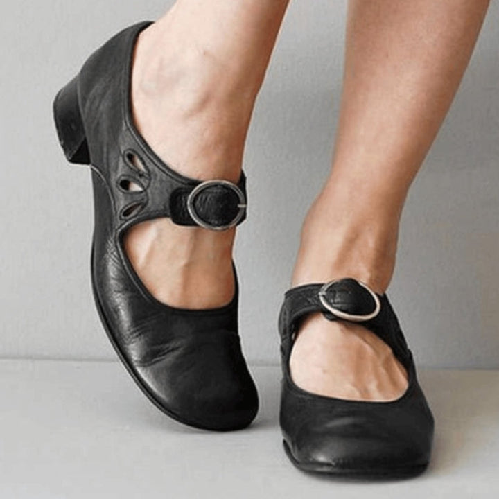 Women's Block-Heel Leather Mary Jane Buckle-Strap Heeled Shoes