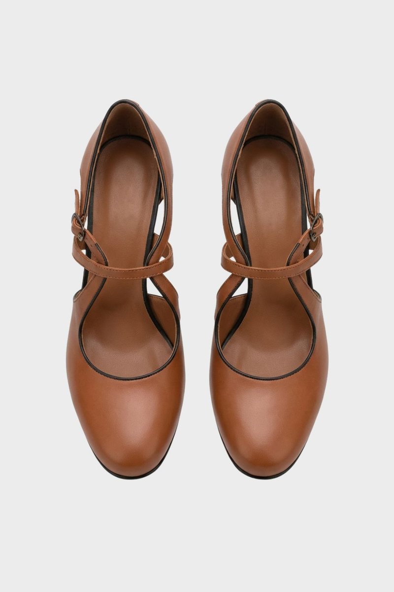 Women's Block-Heel Leather Pumps Crossover Strap