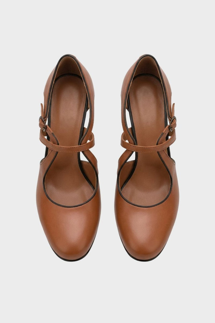 Women's Block-Heel Leather Pumps Crossover Strap