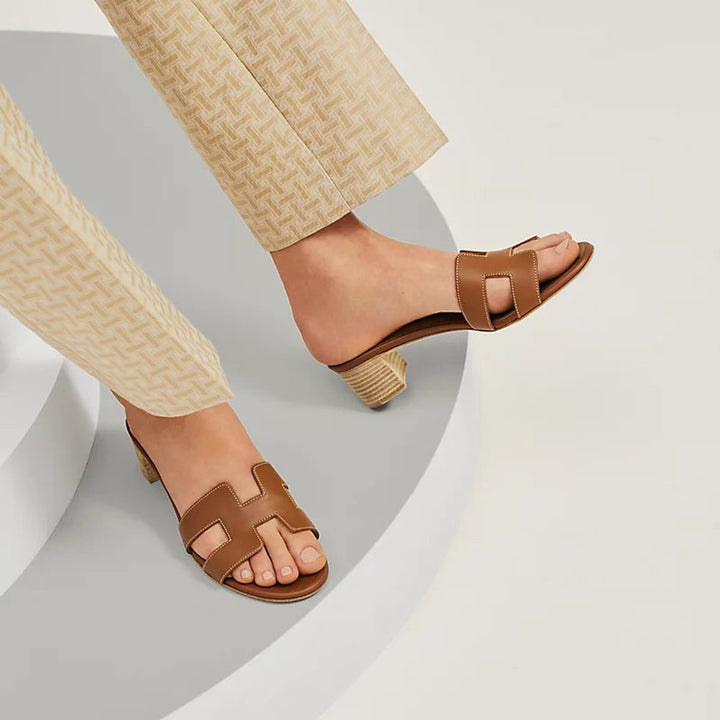 Women's Block-Heel Leather Sandals Open-Toe Slip-On Mules