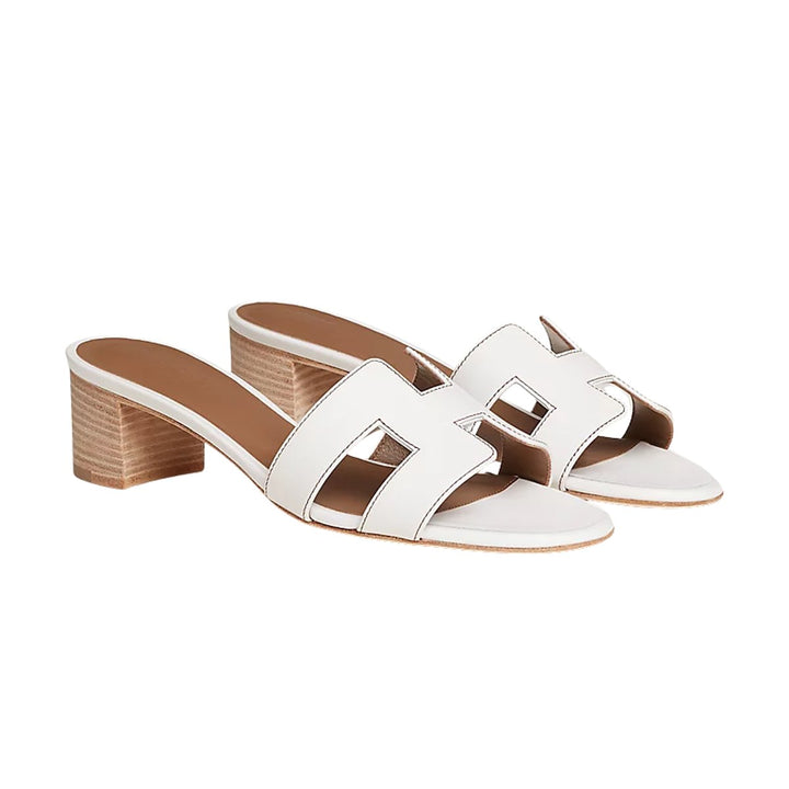Women's Block-Heel Leather Sandals Open-Toe Slip-On Mules