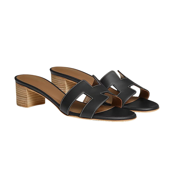 Women's Block-Heel Leather Sandals Open-Toe Slip-On Mules