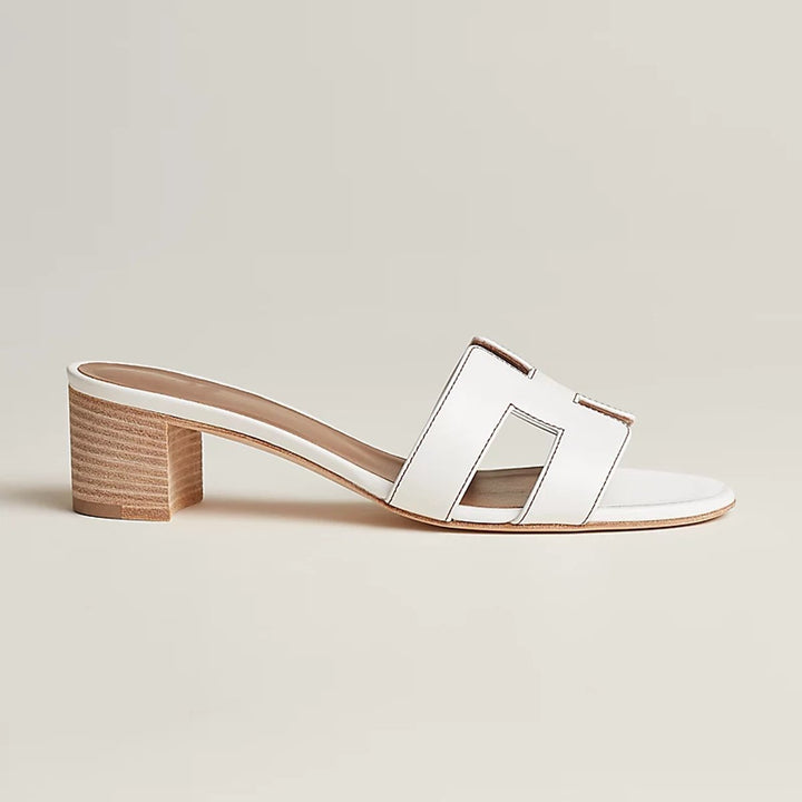 Women's Block-Heel Leather Sandals Open-Toe Slip-On Mules