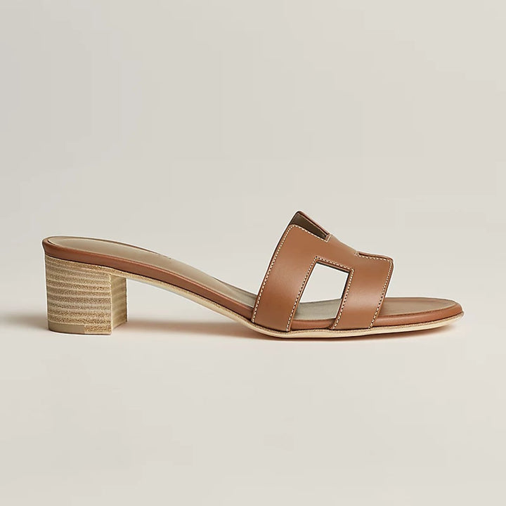 Women's Block-Heel Leather Sandals Open-Toe Slip-On Mules
