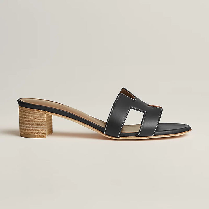 Women's Block-Heel Leather Sandals Open-Toe Slip-On Mules