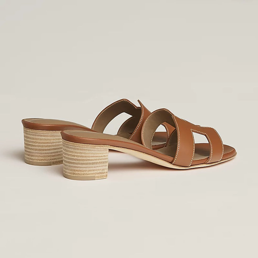 Women's Block-Heel Leather Sandals Open-Toe Slip-On Mules