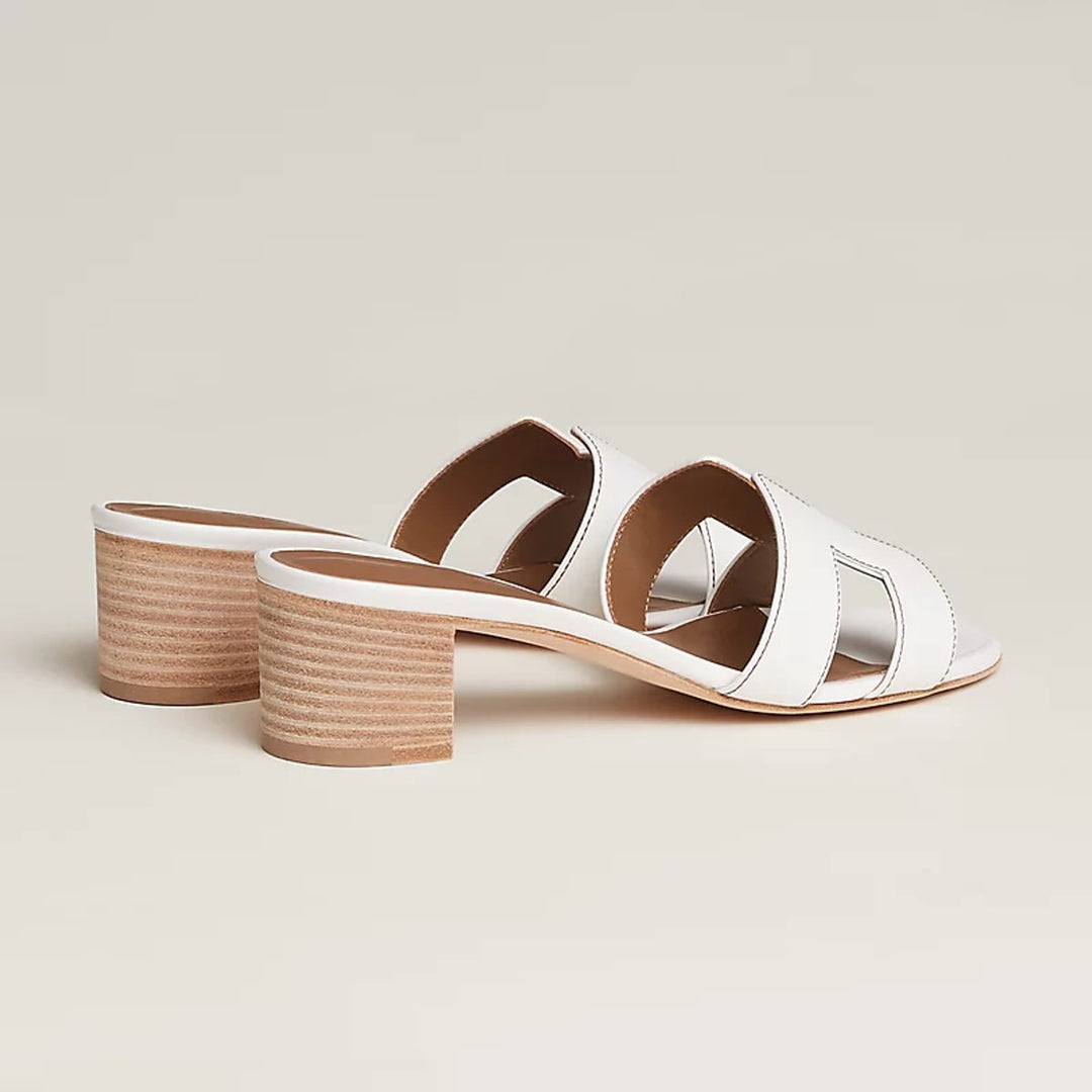 Women's Block-Heel Leather Sandals Open-Toe Slip-On Mules