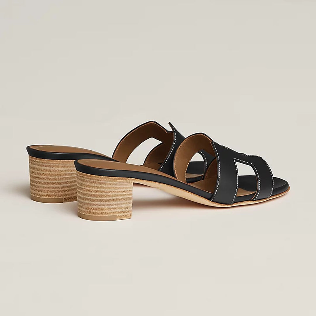 Women's Block-Heel Leather Sandals Open-Toe Slip-On Mules
