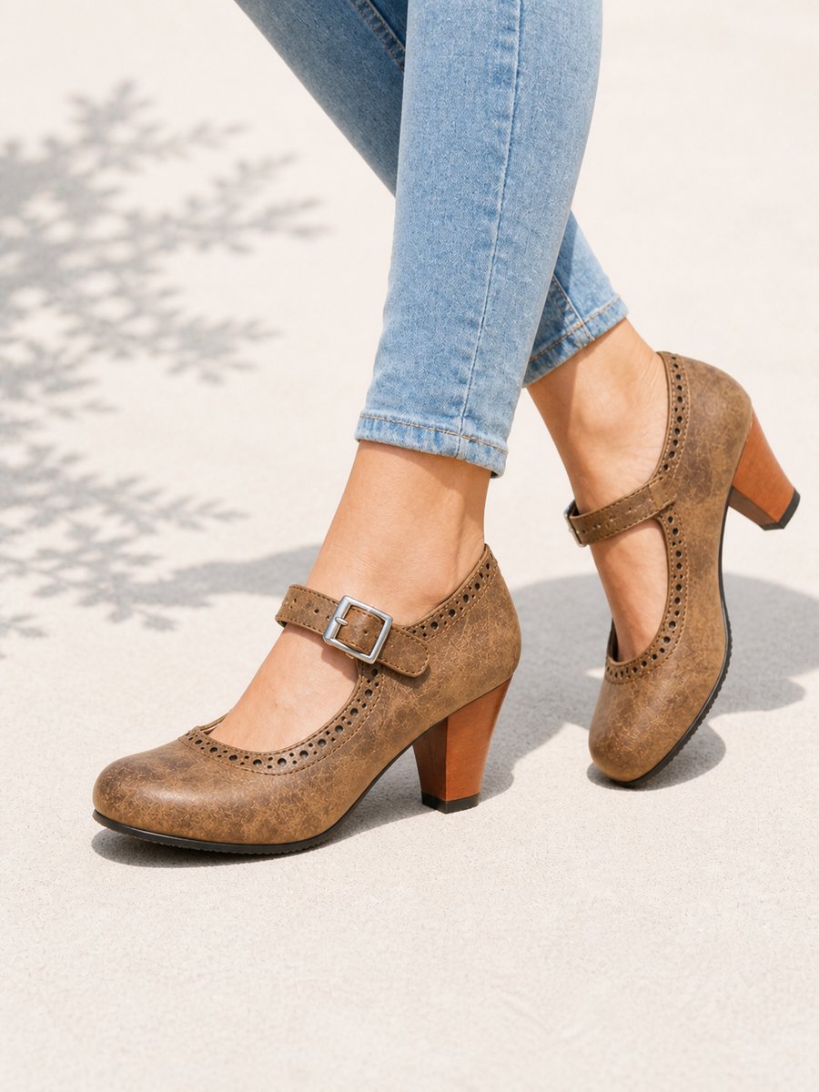Women's Block-Heel Mary Jane Brogue Buckle Heeled Shoes