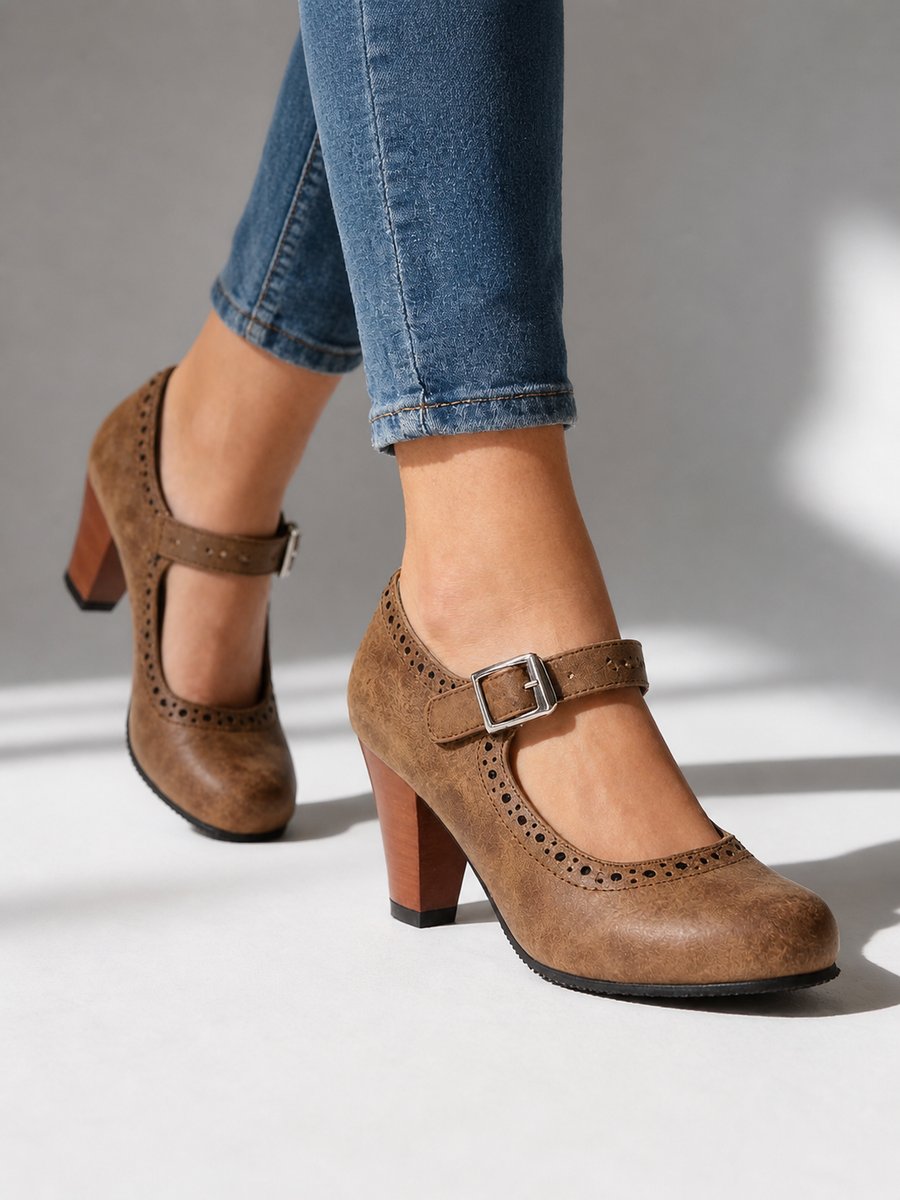 Women's Block-Heel Mary Jane Brogue Buckle Heeled Shoes