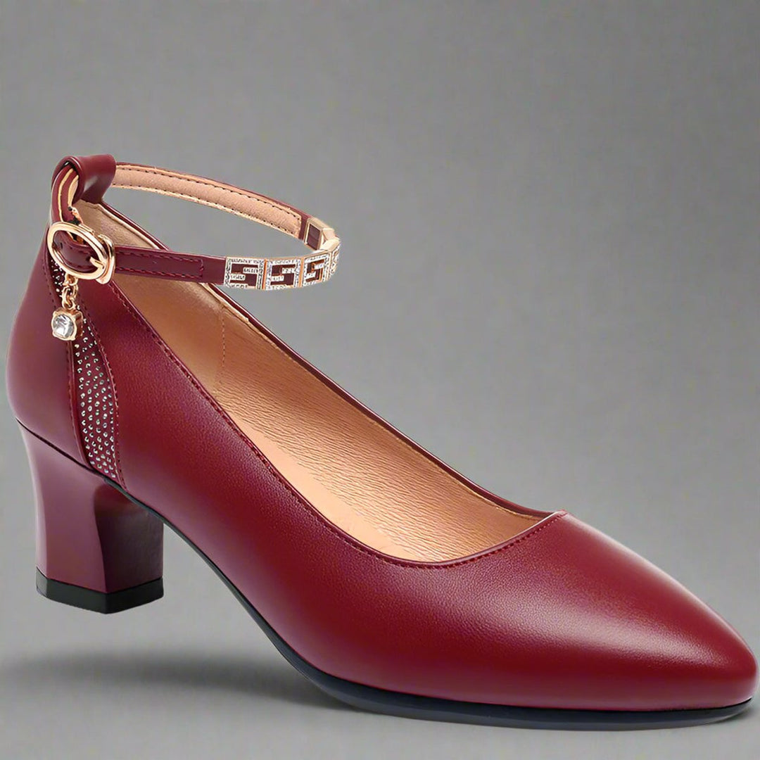 Women's Block-Heel Pointed-Toe Ankle Strap Leather Pumps