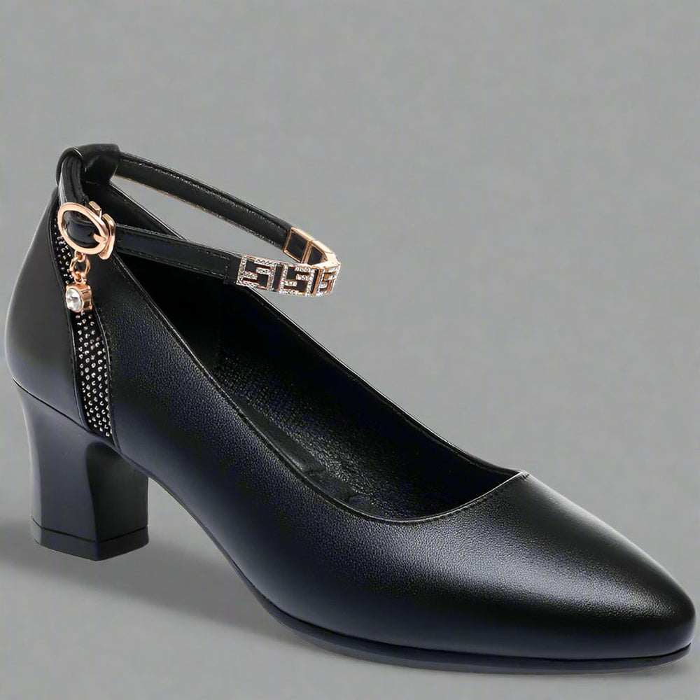 Women's Block-Heel Pointed-Toe Ankle Strap Leather Pumps