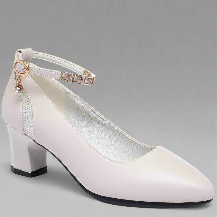 Women's Block-Heel Pointed-Toe Ankle Strap Leather Pumps