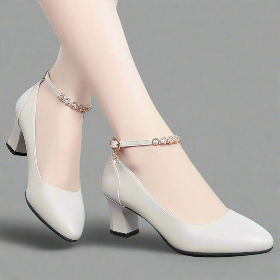 Women's Block-Heel Pointed-Toe Ankle Strap Leather Pumps