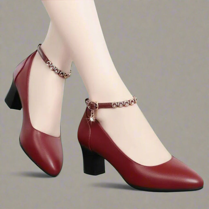 Women's Block-Heel Pointed-Toe Ankle Strap Leather Pumps