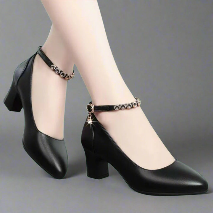 Women's Block-Heel Pointed-Toe Ankle Strap Leather Pumps