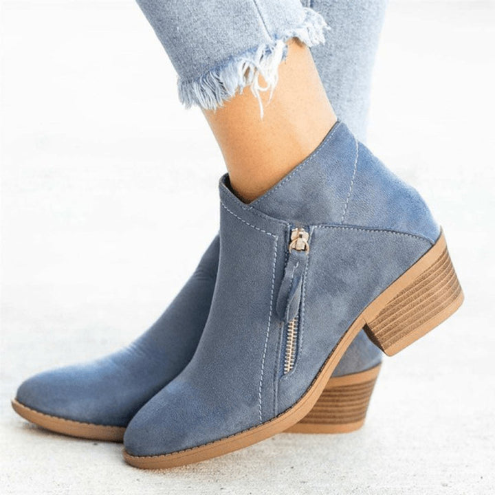 Women's Block-Heel Suede Side-Zip Heeled Ankle Boots - Blue