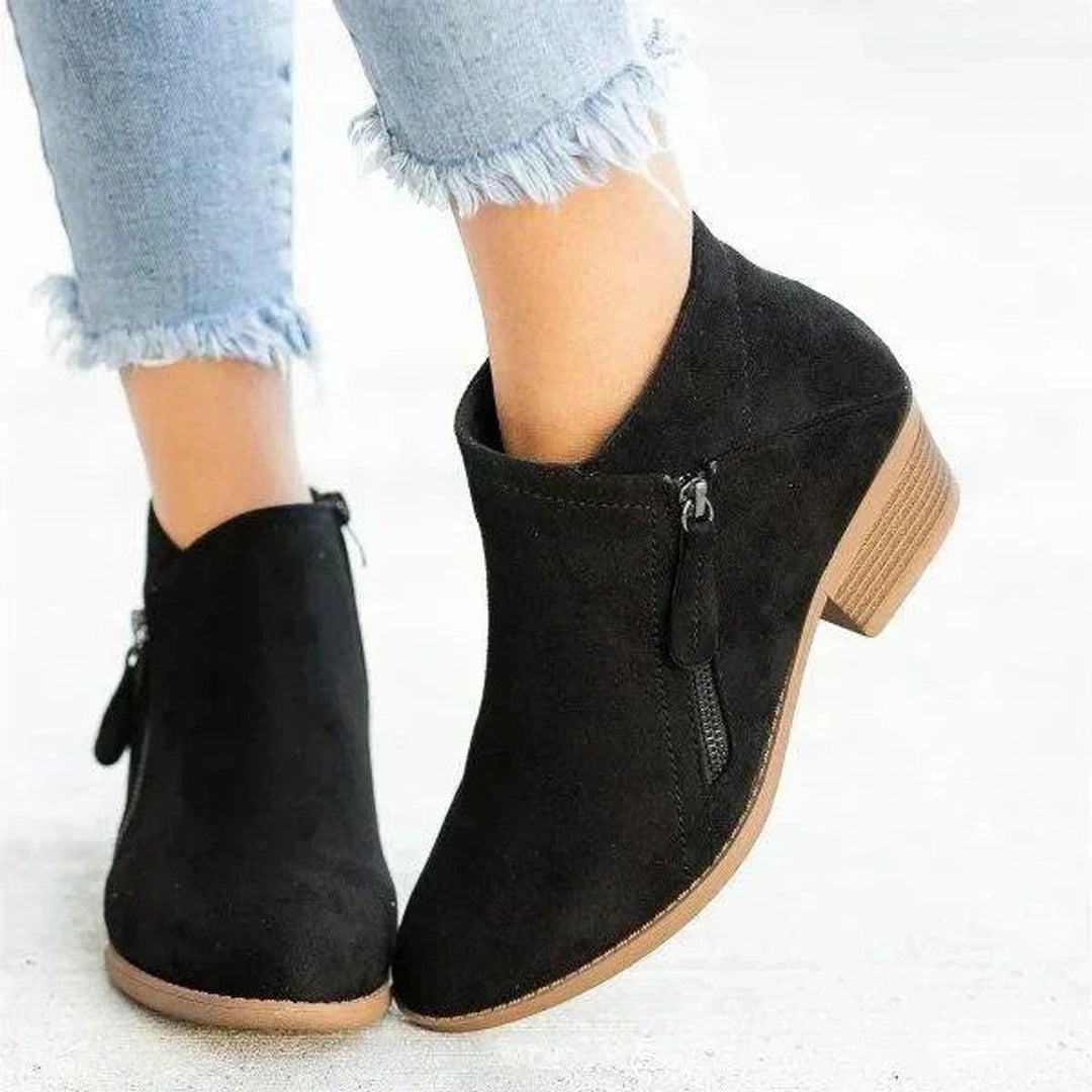 Women's Block-Heel Suede Side-Zip Heeled Ankle Boots - Black