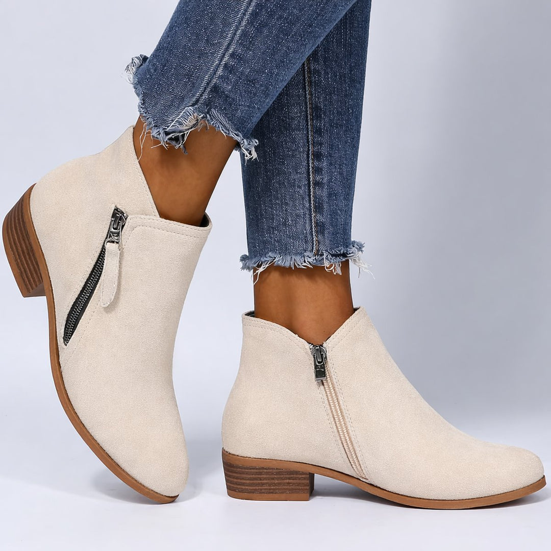 Women's Block-Heel Suede Side-Zip Heeled Ankle Boots - Beige