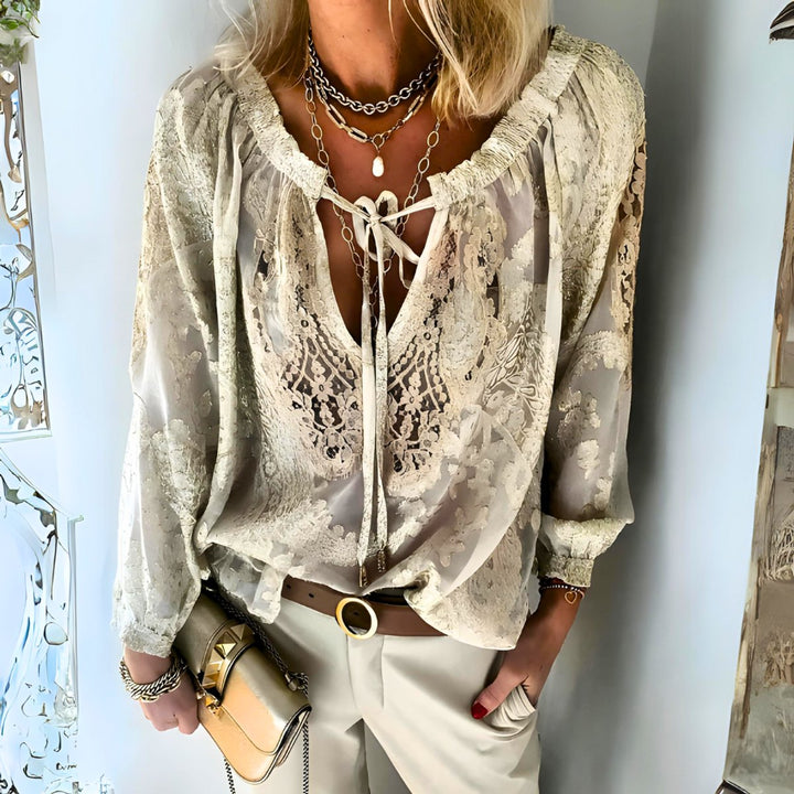 Women's Bohemian Floral Blouse Long-Sleeve Crochet Drawstring Top