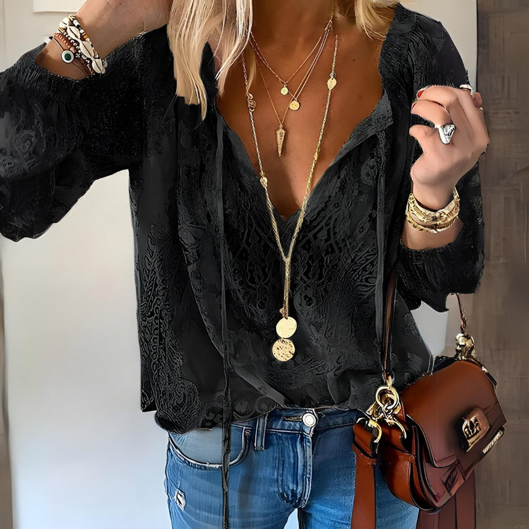 Women's Bohemian Floral Blouse Long-Sleeve Crochet Drawstring Top