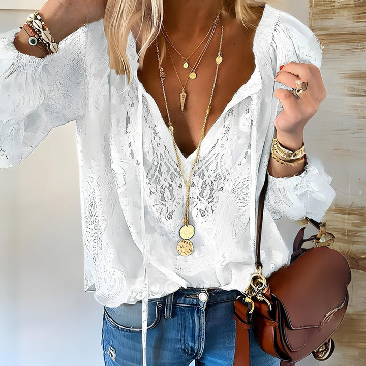 Women's Bohemian Floral Blouse Long-Sleeve Crochet Drawstring Top