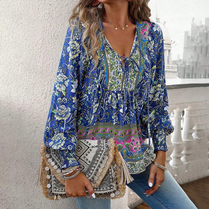 Women's Bohemian Floral Blouse Long Sleeve V-Neck Vintage Top
