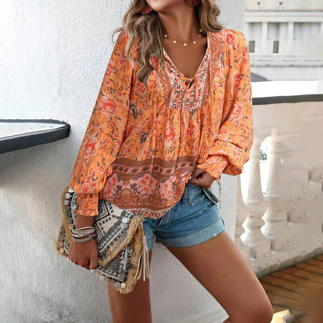Women's Bohemian Floral Blouse Long Sleeve V-Neck Vintage Top