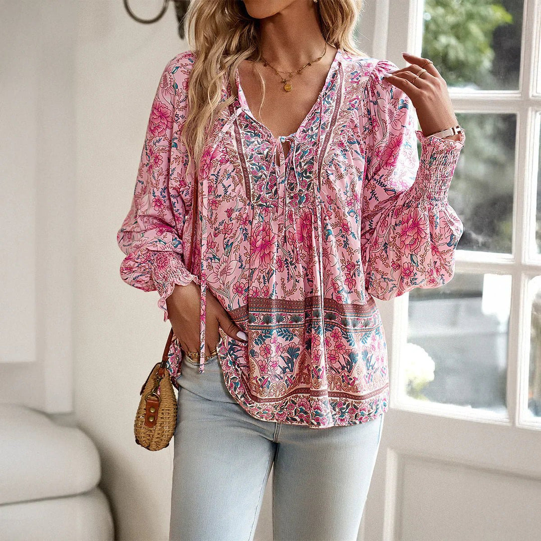 Women's Bohemian Floral Blouse Long Sleeve V-Neck Vintage Top