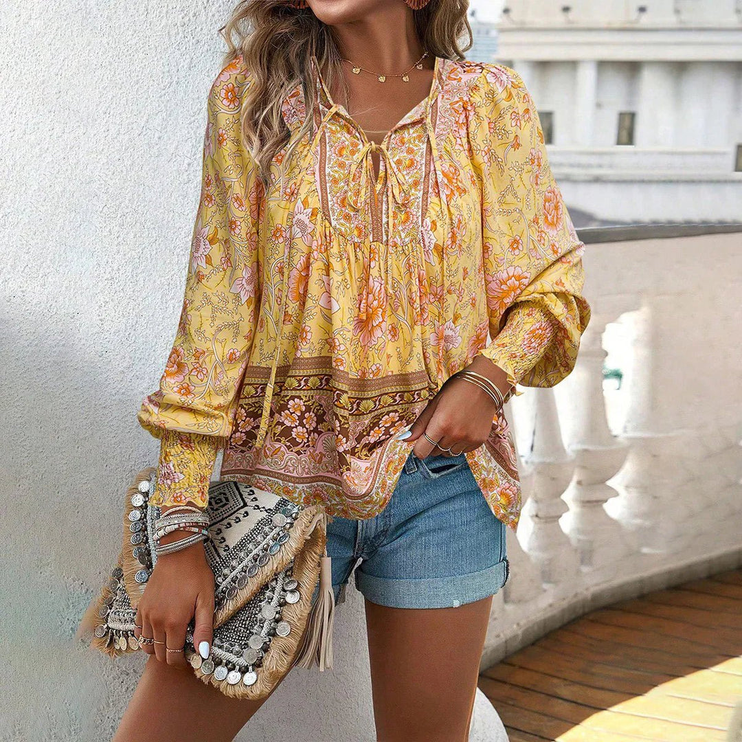 Women's Bohemian Floral Blouse Long Sleeve V-Neck Vintage Top