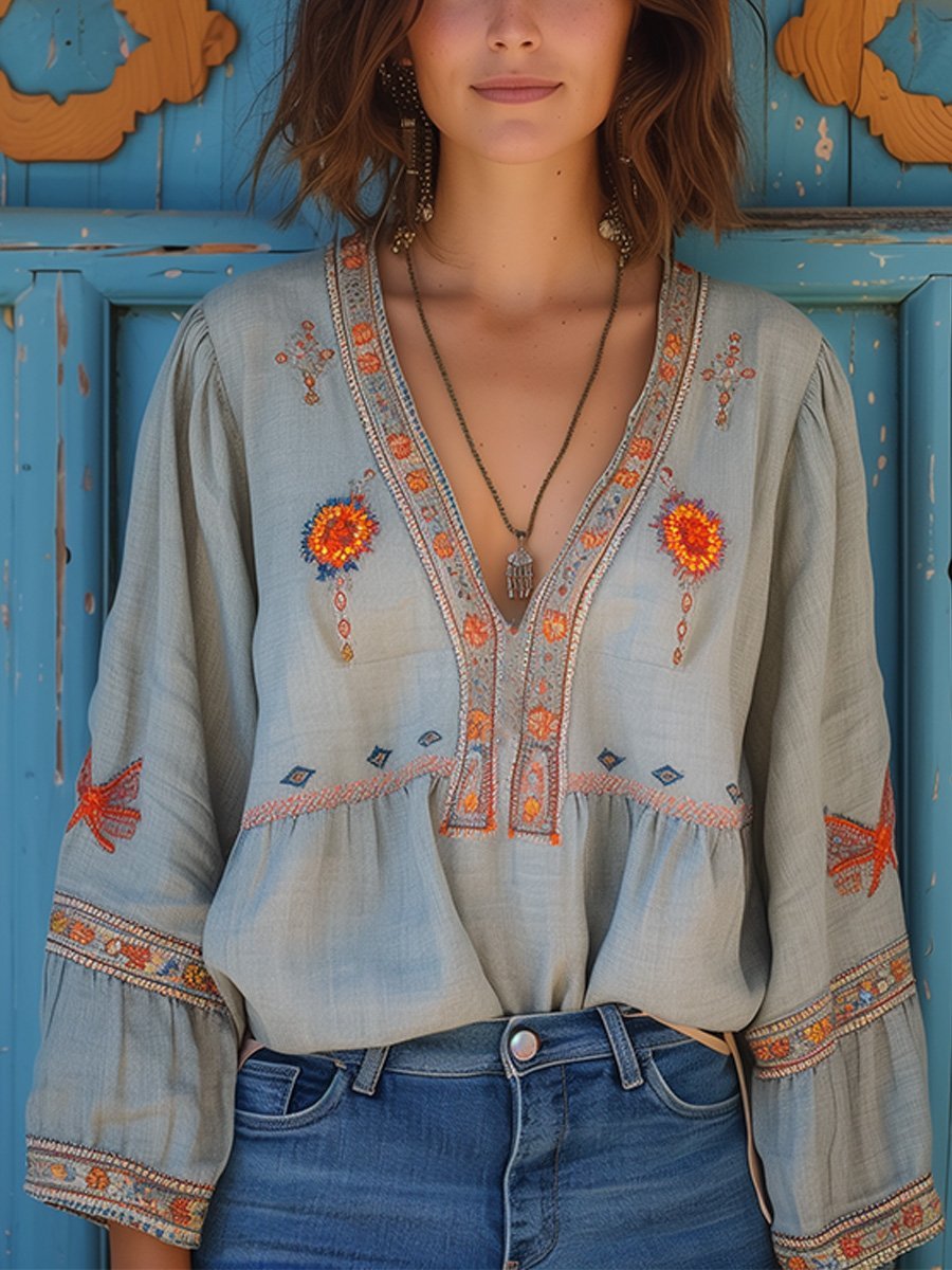 Women's Boho Embroidered Floral Blouse Long-Sleeve V-Neck Top