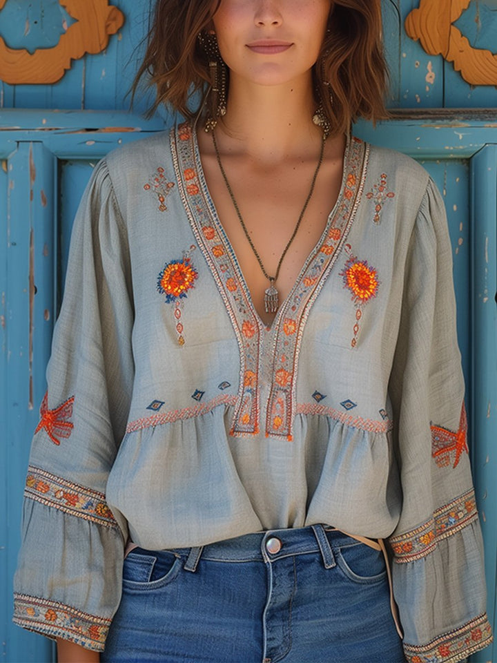 Women's Boho Embroidered Floral Blouse Long-Sleeve V-Neck Top
