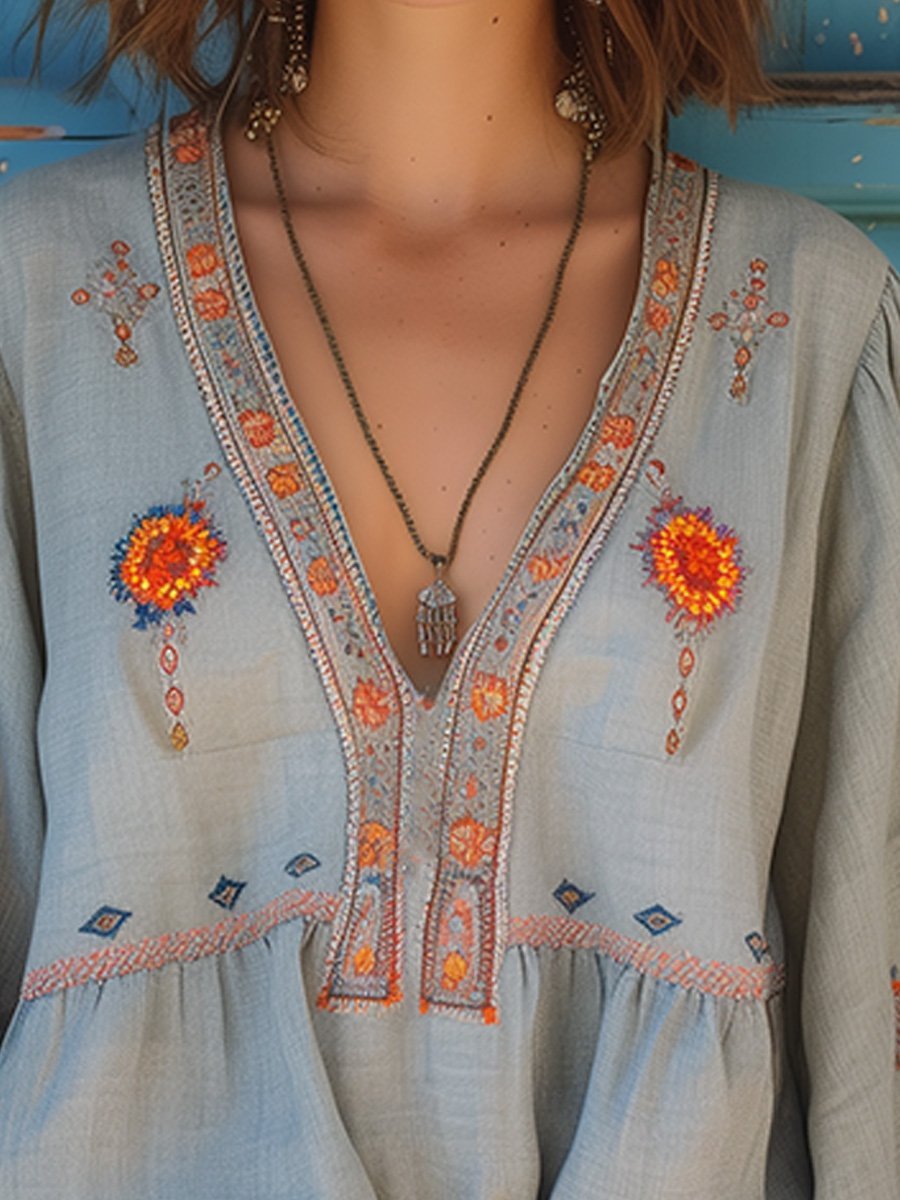 Women's Boho Embroidered Floral Blouse Long-Sleeve V-Neck Top