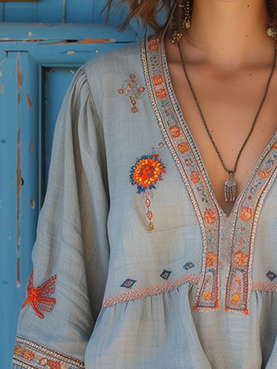 Women's Boho Embroidered Floral Blouse Long-Sleeve V-Neck Top