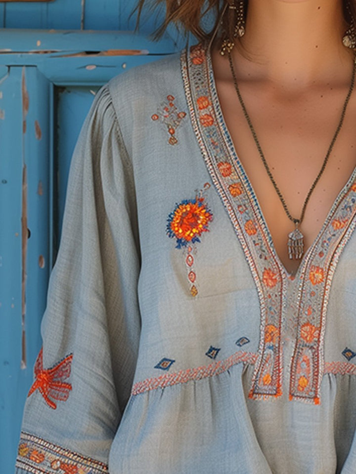 Women's Boho Embroidered Floral Blouse Long-Sleeve V-Neck Top