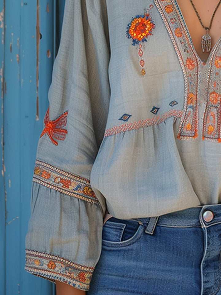 Women's Boho Embroidered Floral Blouse Long-Sleeve V-Neck Top