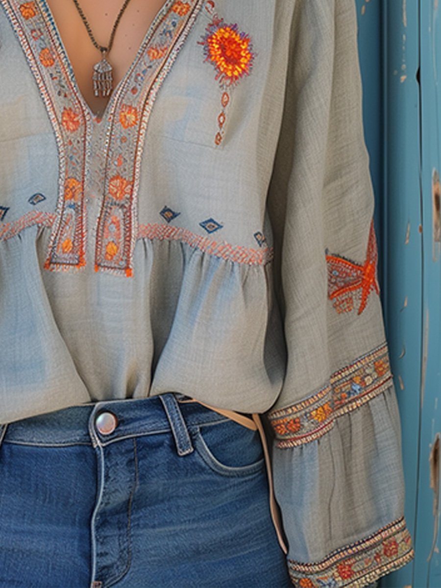 Women's Boho Embroidered Floral Blouse Long-Sleeve V-Neck Top