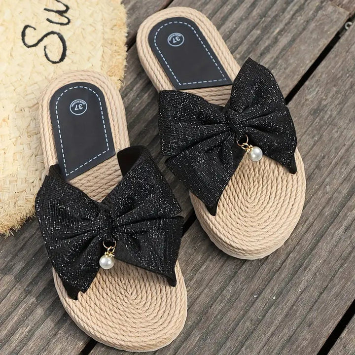 Women's Bow-Detail Espadrille Flat Slip-On Slippers Pearl Accent