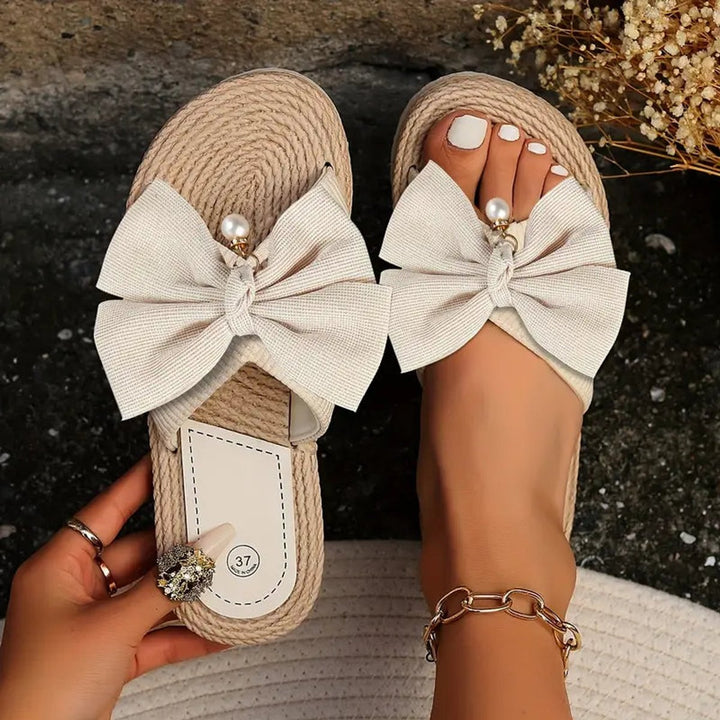 Women's Bow-Detail Espadrille Flat Slip-On Slippers Pearl Accent