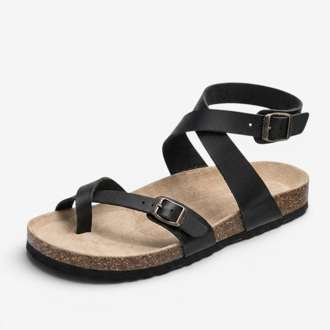 Women's Buckle Ankle Strap Flat Cork Sole Open-Toe Sandals