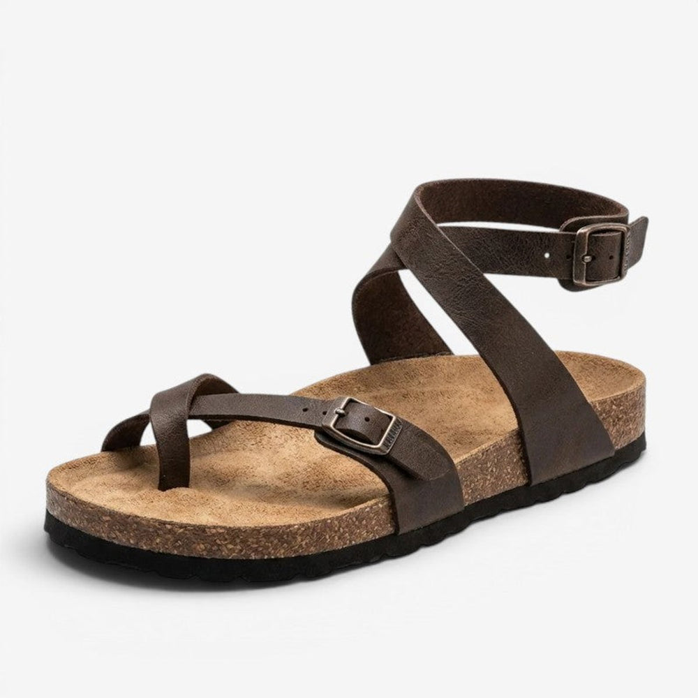 Women's Buckle Ankle Strap Flat Cork Sole Open-Toe Sandals