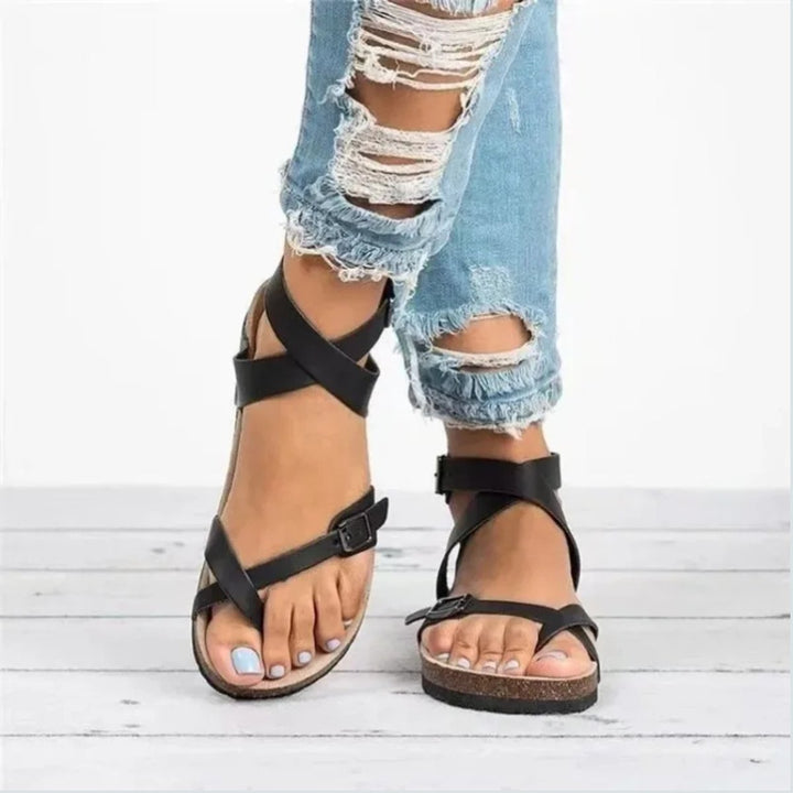 Women's Buckle Ankle Strap Flat Cork Sole Open-Toe Sandals