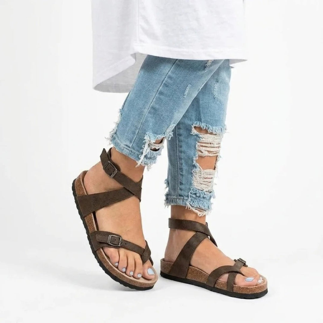 Women's Buckle Ankle Strap Flat Cork Sole Open-Toe Sandals
