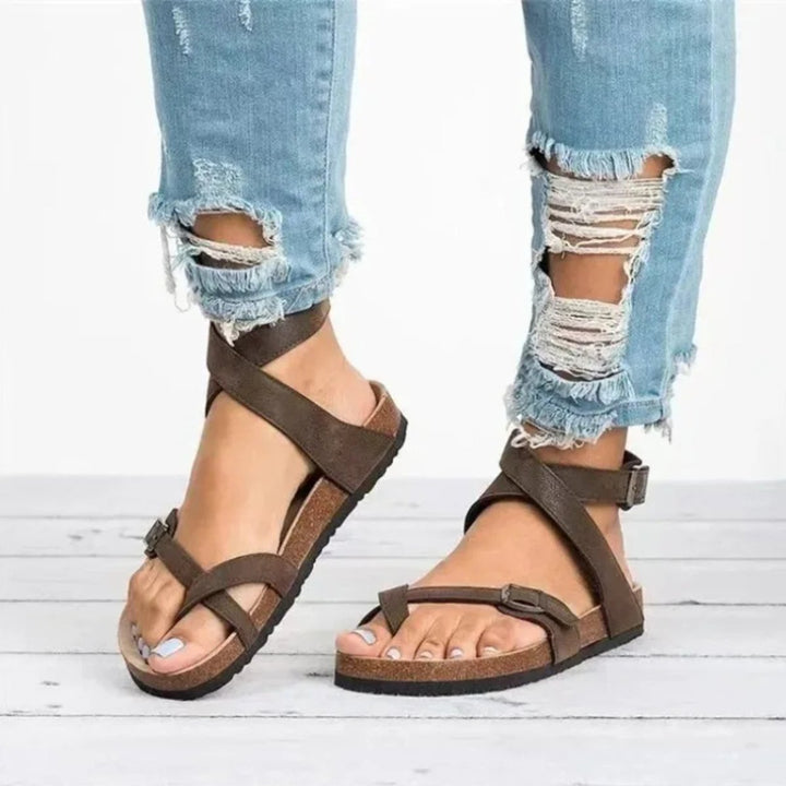 Women's Buckle Ankle Strap Flat Cork Sole Open-Toe Sandals