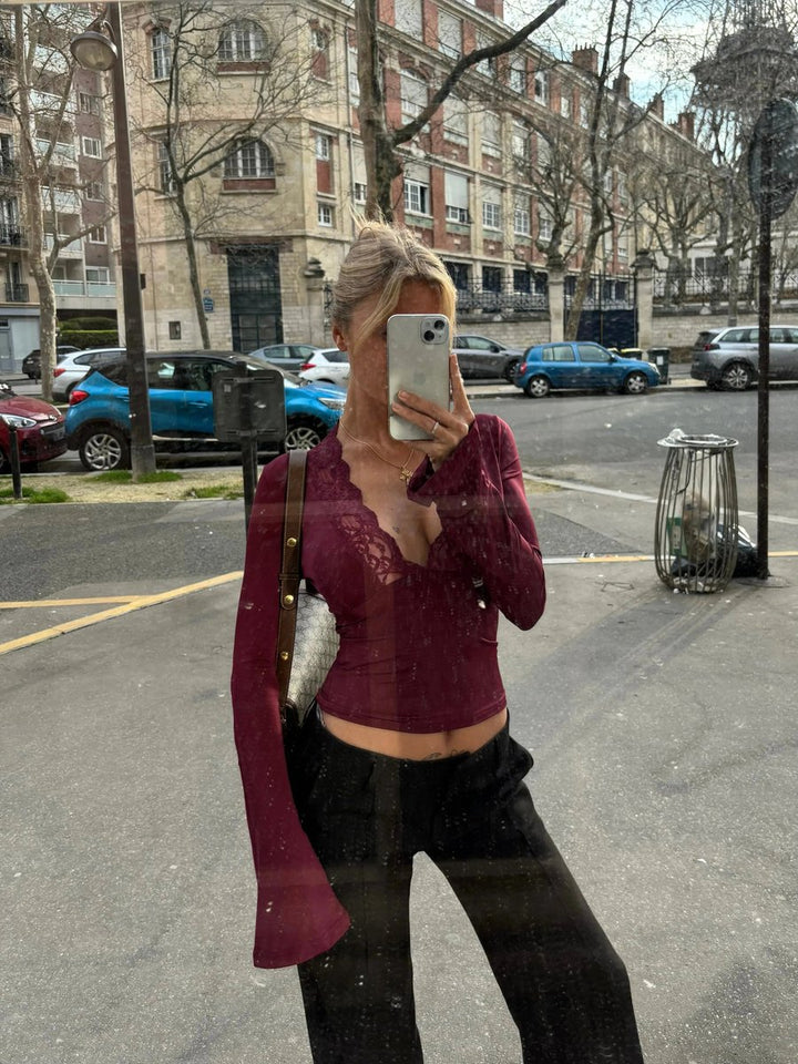 Women's Burgundy Lace V-Neck Flared Sleeve Long-Sleeve Blouse Top