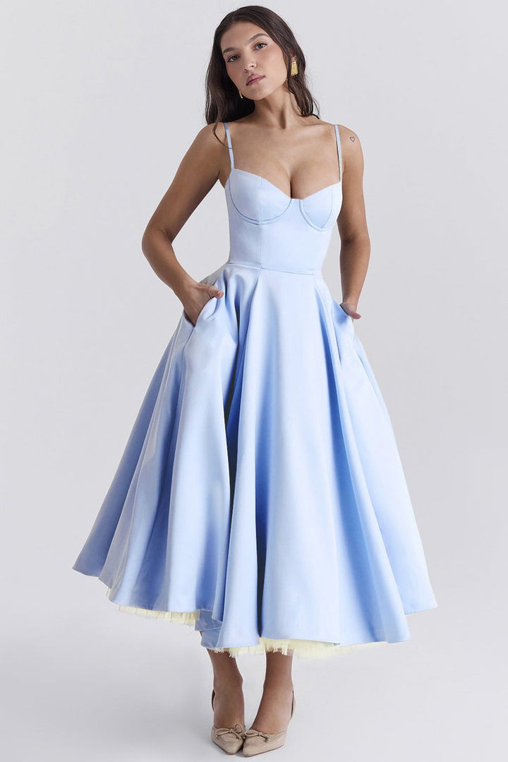 Women's Bustier Midi Flared Skirt Christmas Party Dress Pockets