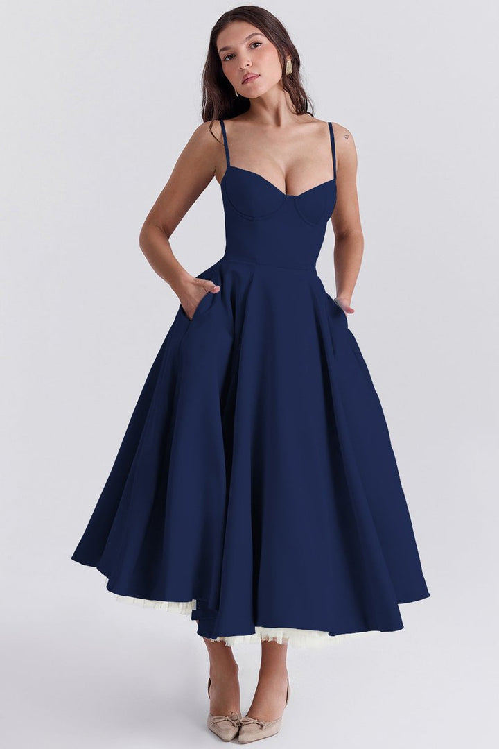 Women's Bustier Midi Flared Skirt Christmas Party Dress Pockets