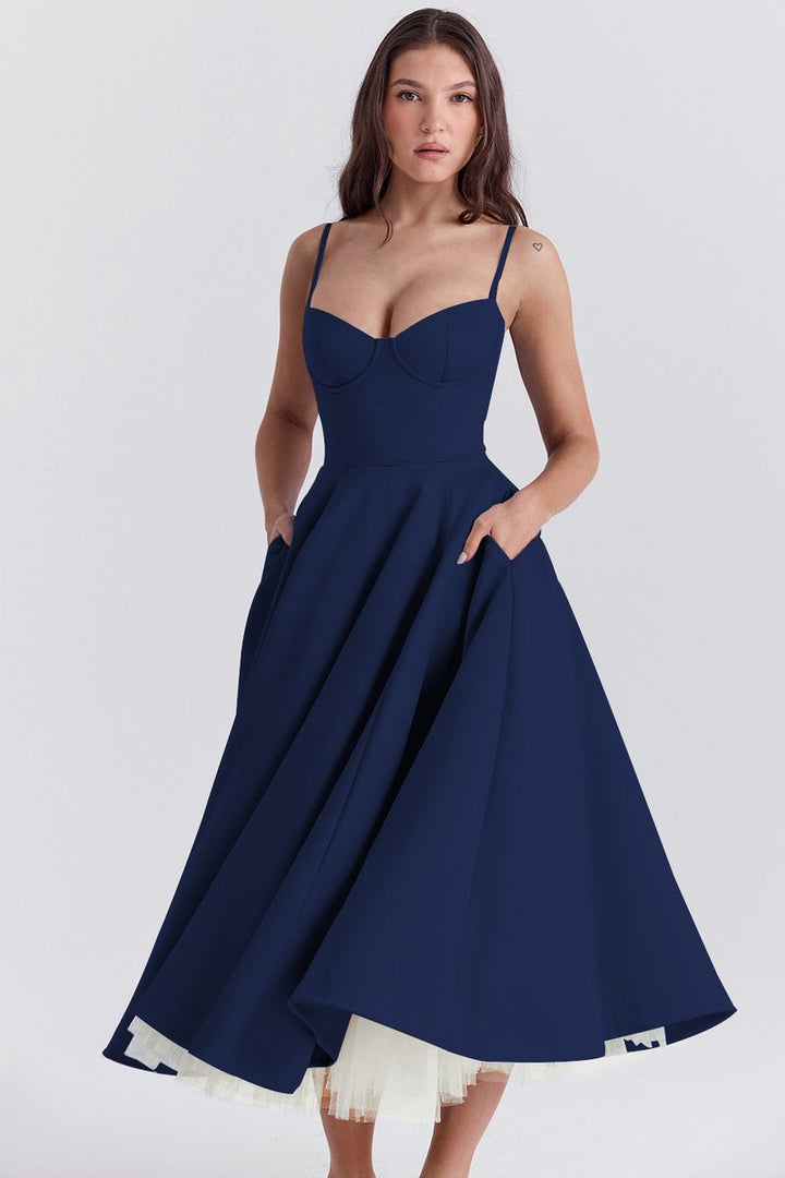 Women's Bustier Midi Flared Skirt Christmas Party Dress Pockets